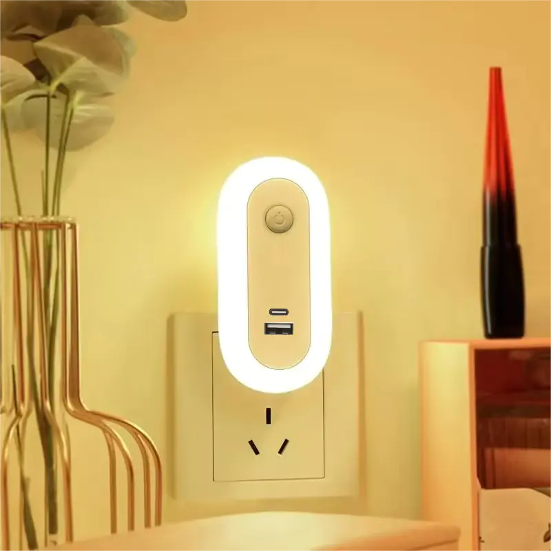 A94T USB+Type-c Charger LED Night Light Touch Sensor lamp with tricolor dimming function Output 5V 2.1A